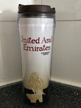 Starbucks United Arab Emirates Plastic Coffee Travel Mug Tumbler Brown Lid 12 oz